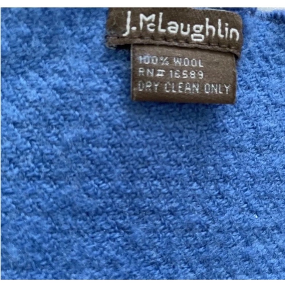 WOOL J. McLaughlin Rectangle Scarf Wrap Blue Block EUC 68”x19” Fringe - Picture 2 of 5